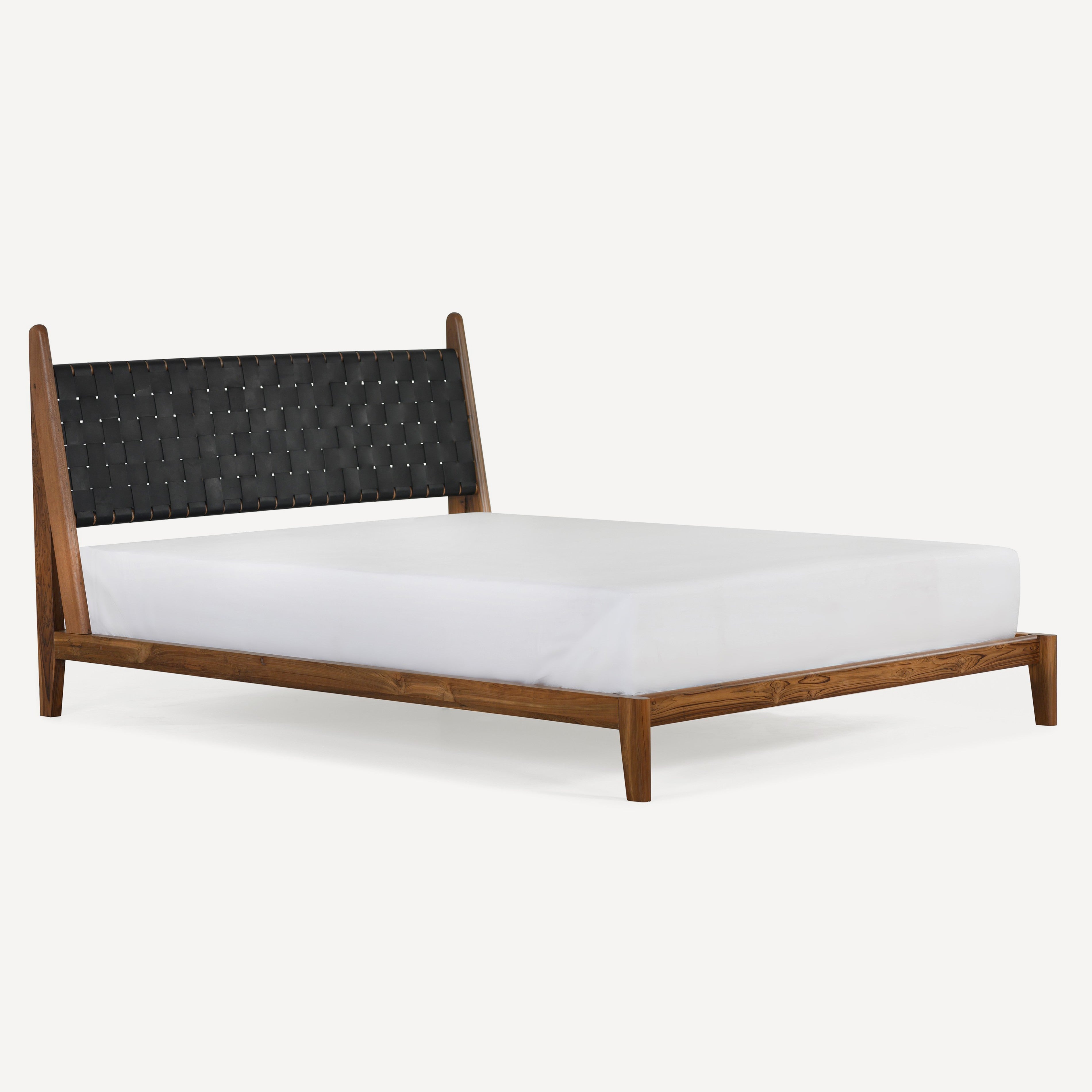 Cove Recycled Teak Leather Bed - Black Leather