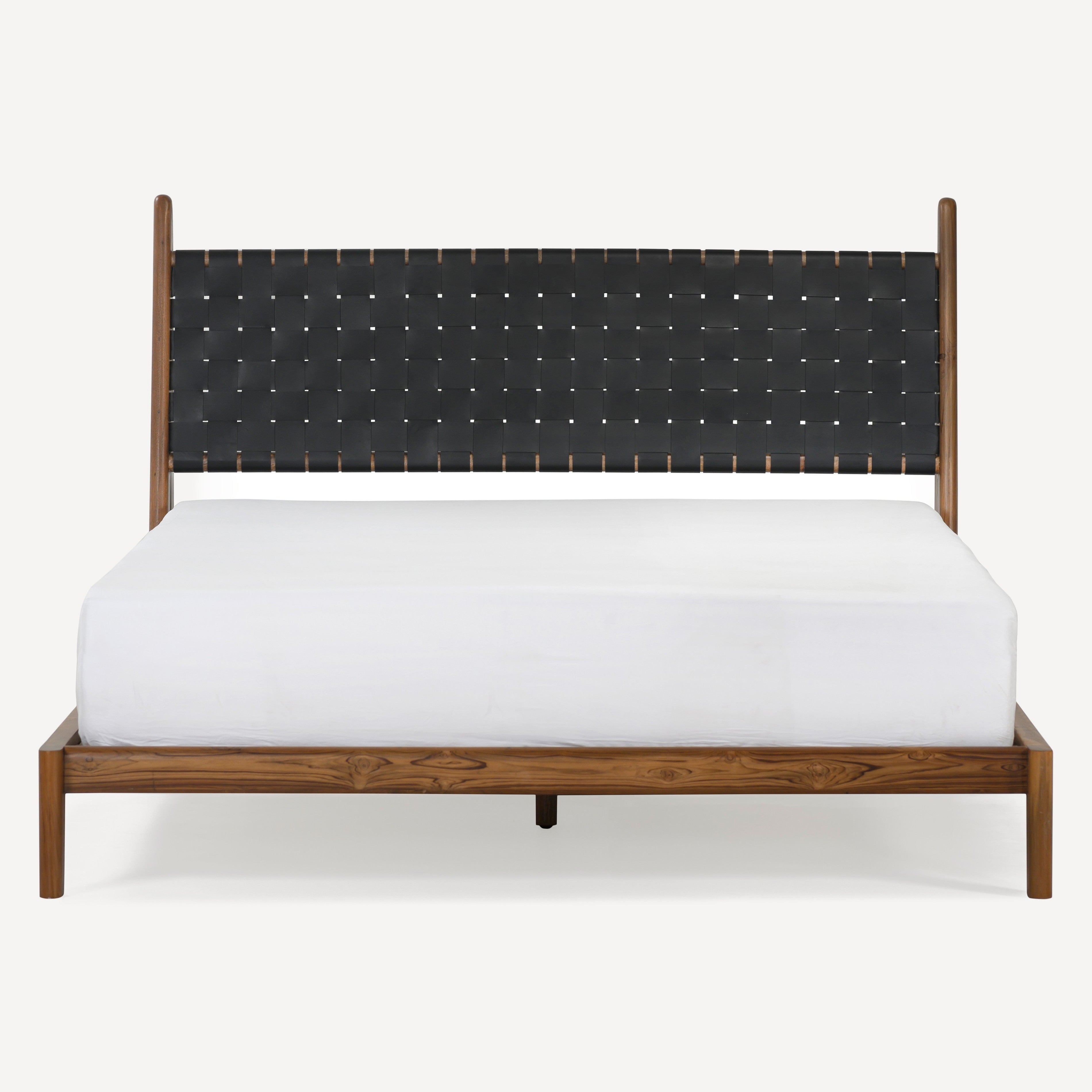 Cove Recycled Teak Leather Bed - Black Leather