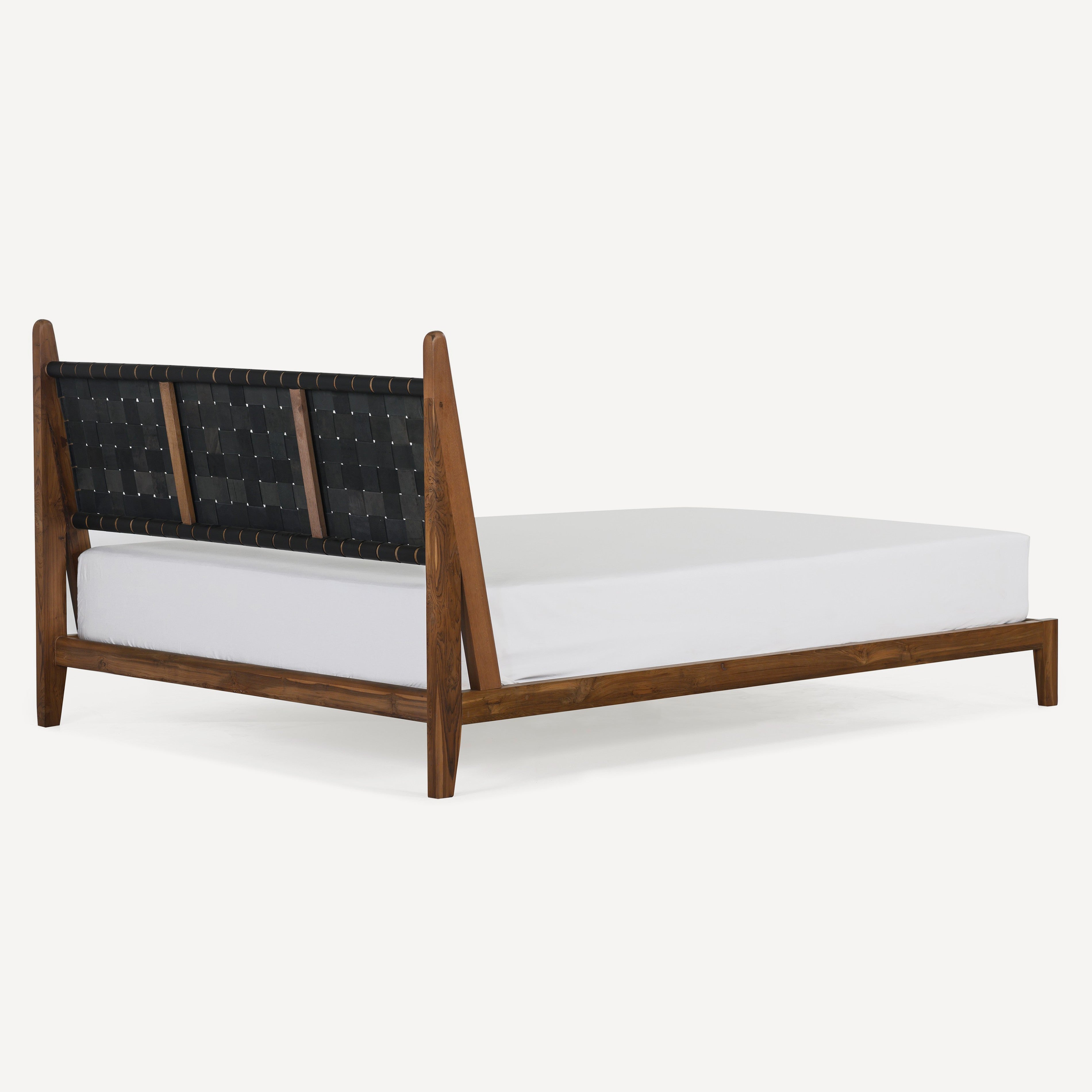 Cove Recycled Teak Leather Bed - Black Leather