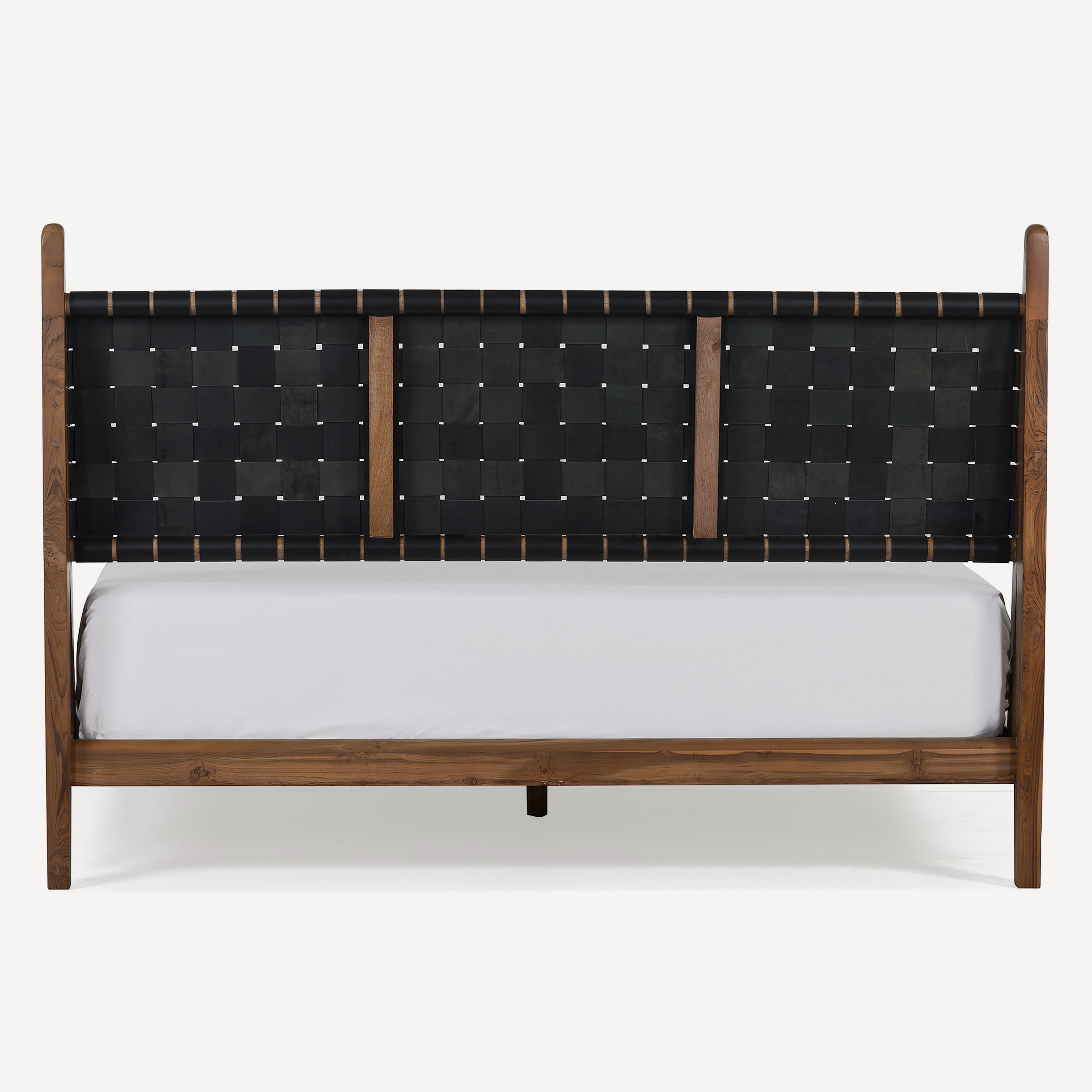 Cove Recycled Teak Leather Bed - Black Leather