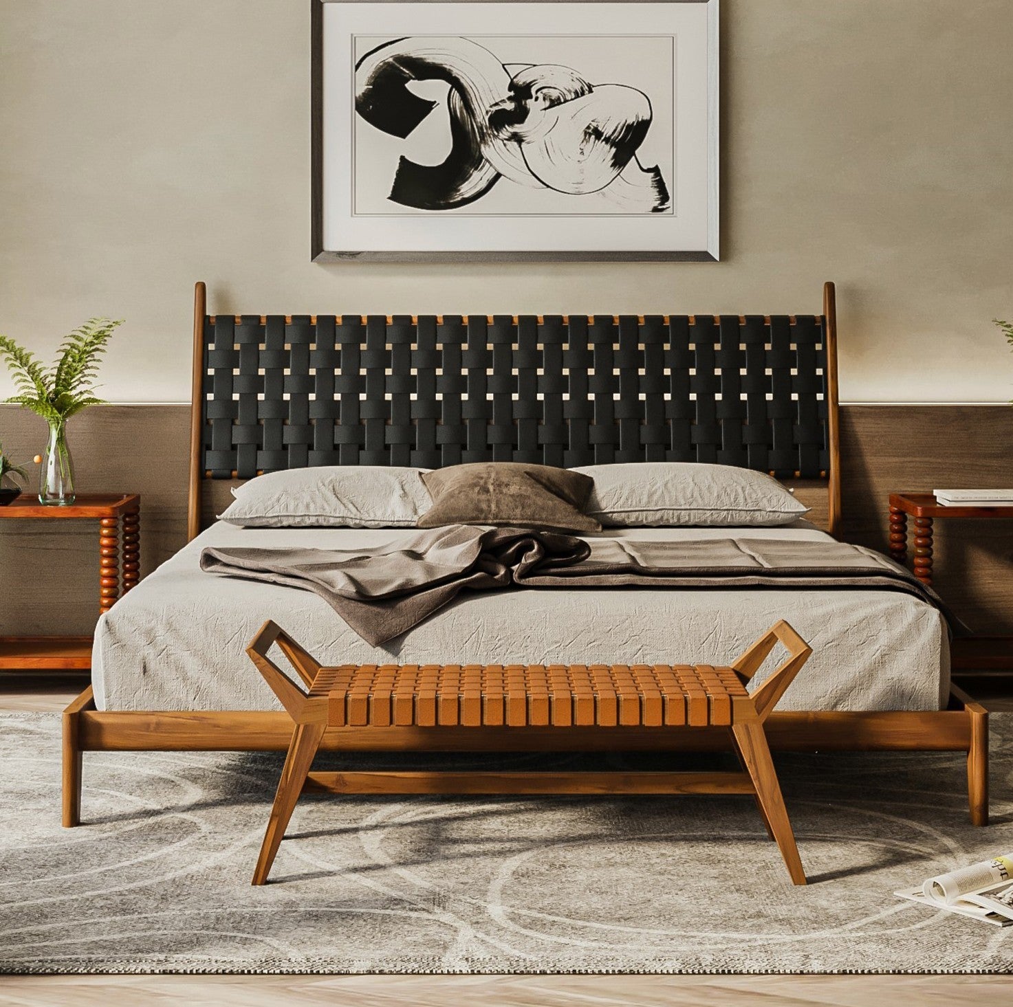 Cove Recycled Teak Leather Bed - Black Leather