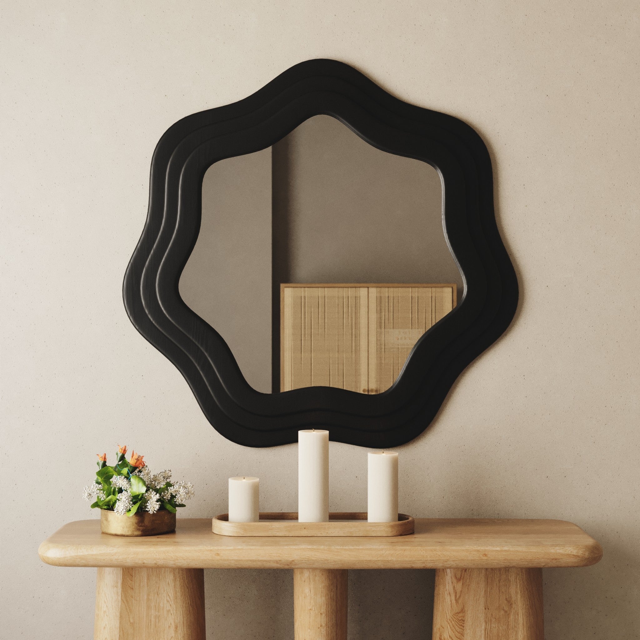 Swirl Ash Wood Round Mirror 40" - Charcoal