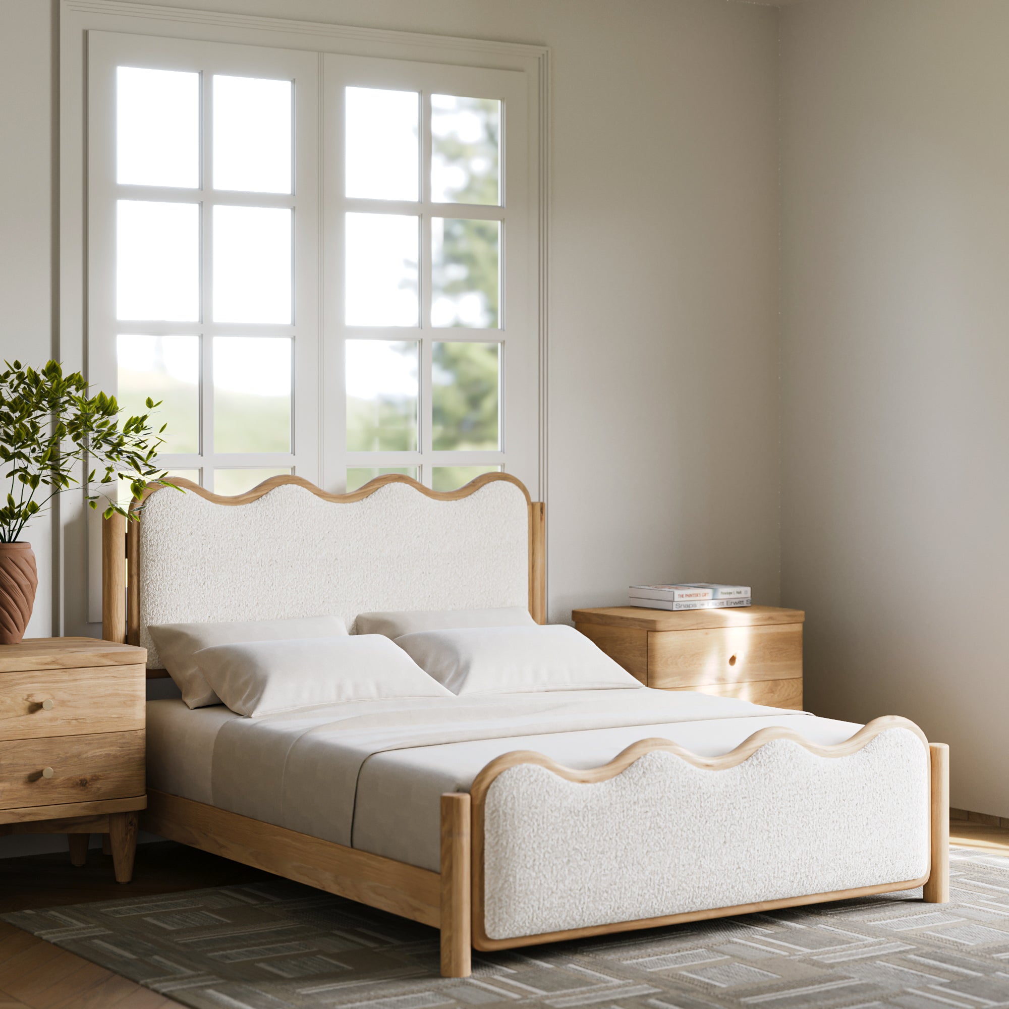 Swirl Upholstered Oak Bed - Natural