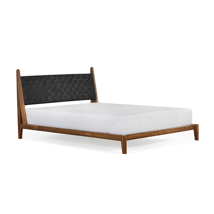 Cove Recycled Teak Leather Bed - Black Leather