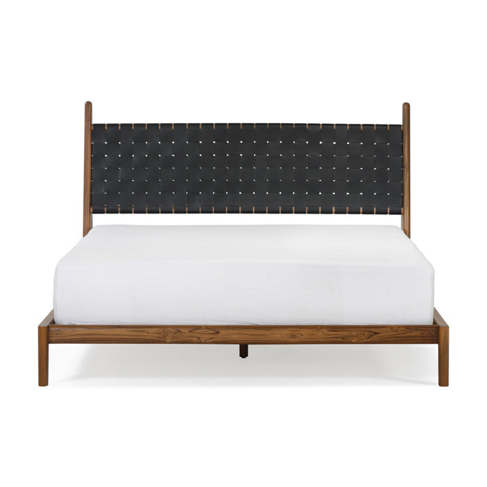 Cove Recycled Teak Leather Bed - Black Leather