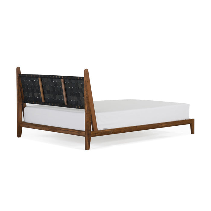 Cove Recycled Teak Leather Bed - Black Leather