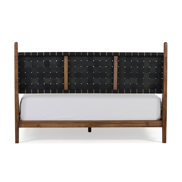 Cove Recycled Teak Leather Bed - Black Leather