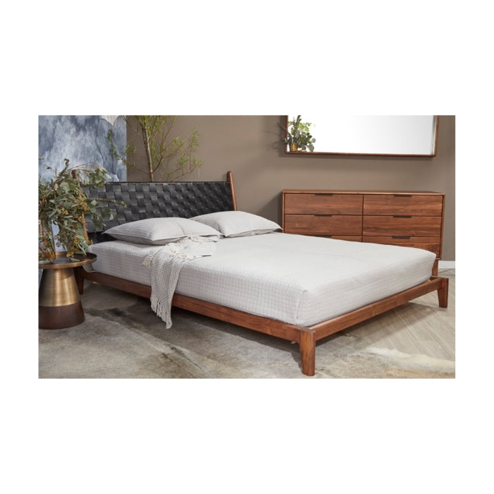 Cove Recycled Teak Leather Bed - Black Leather