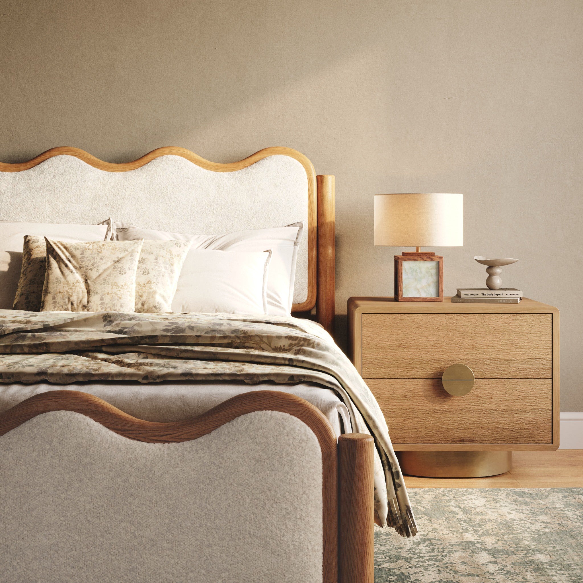 Swirl Upholstered Oak Bed - Natural