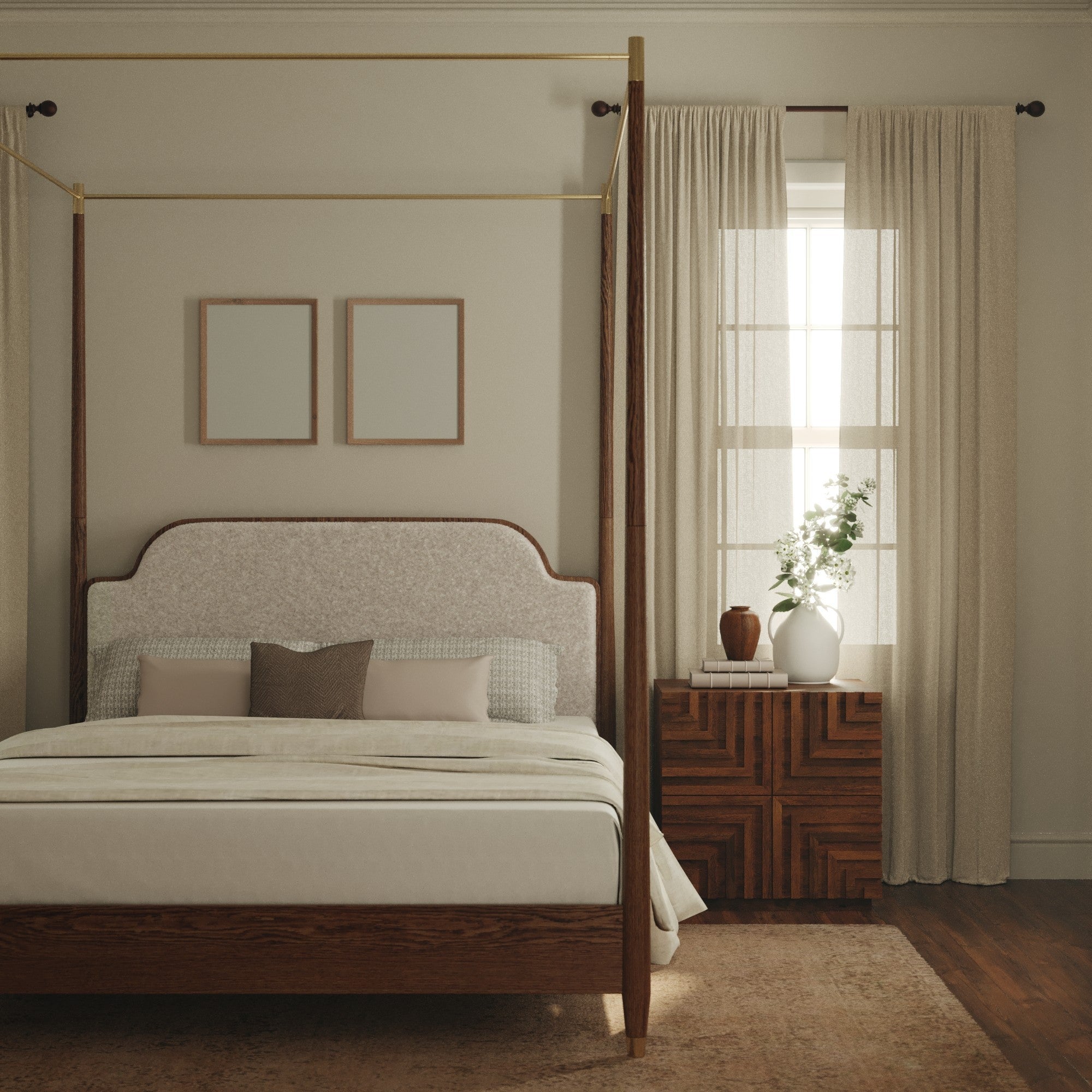 Moira Upholstered Solid Oak Canopy Bed